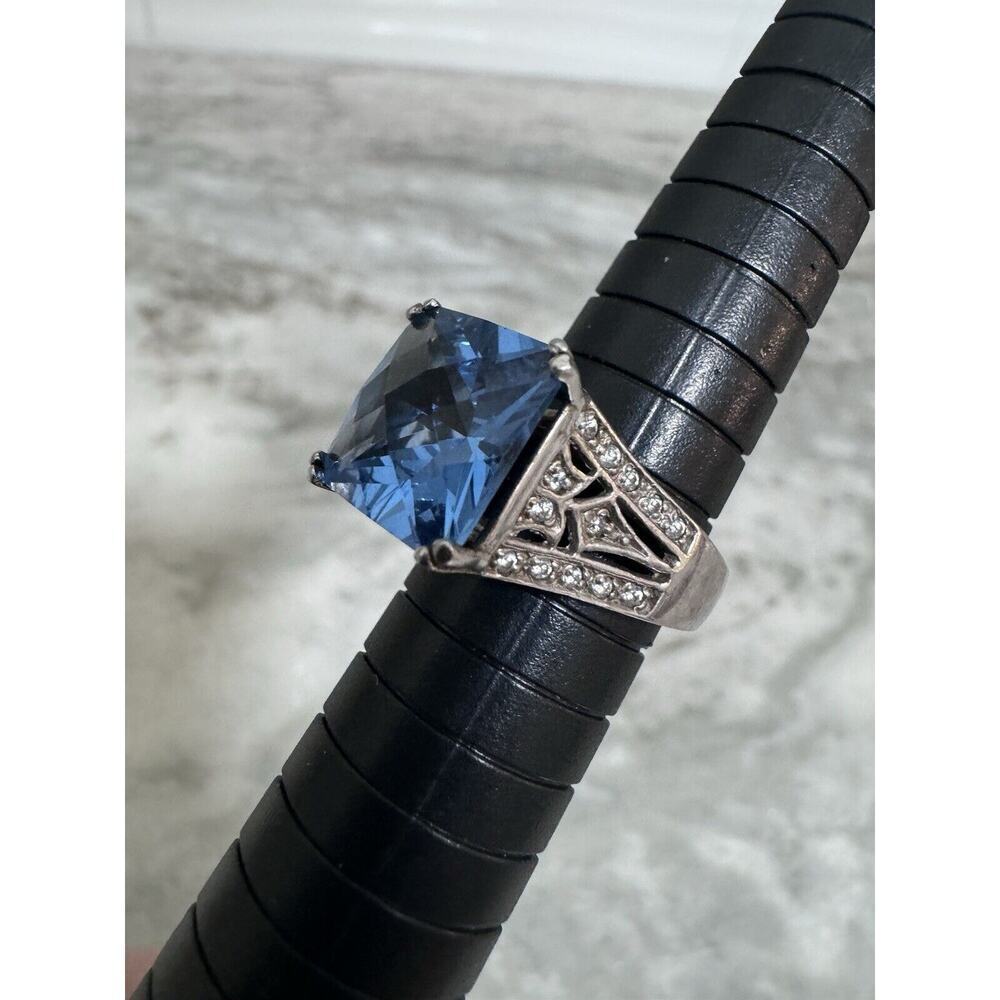 Sterling Silver Huge Blue Spinel & Marcasite Ring Size 6.5